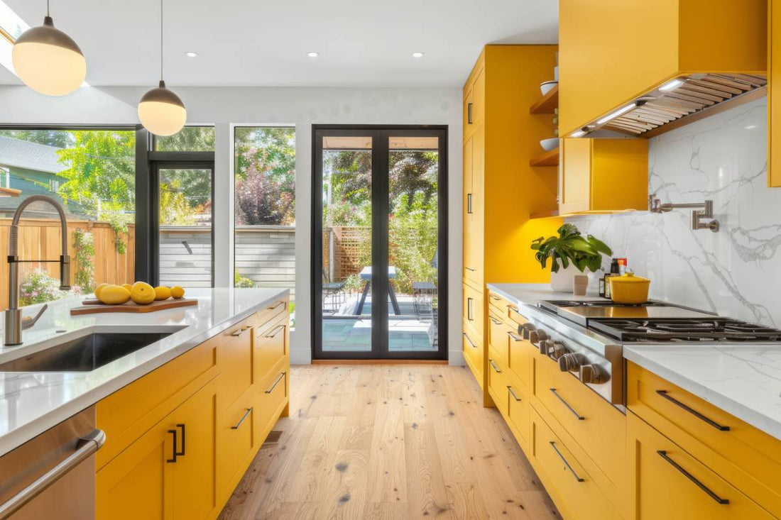 A kitchen with yellow cabinets and drawers at Red Star Paint near Bloomfield Ave. Montclair, NJ